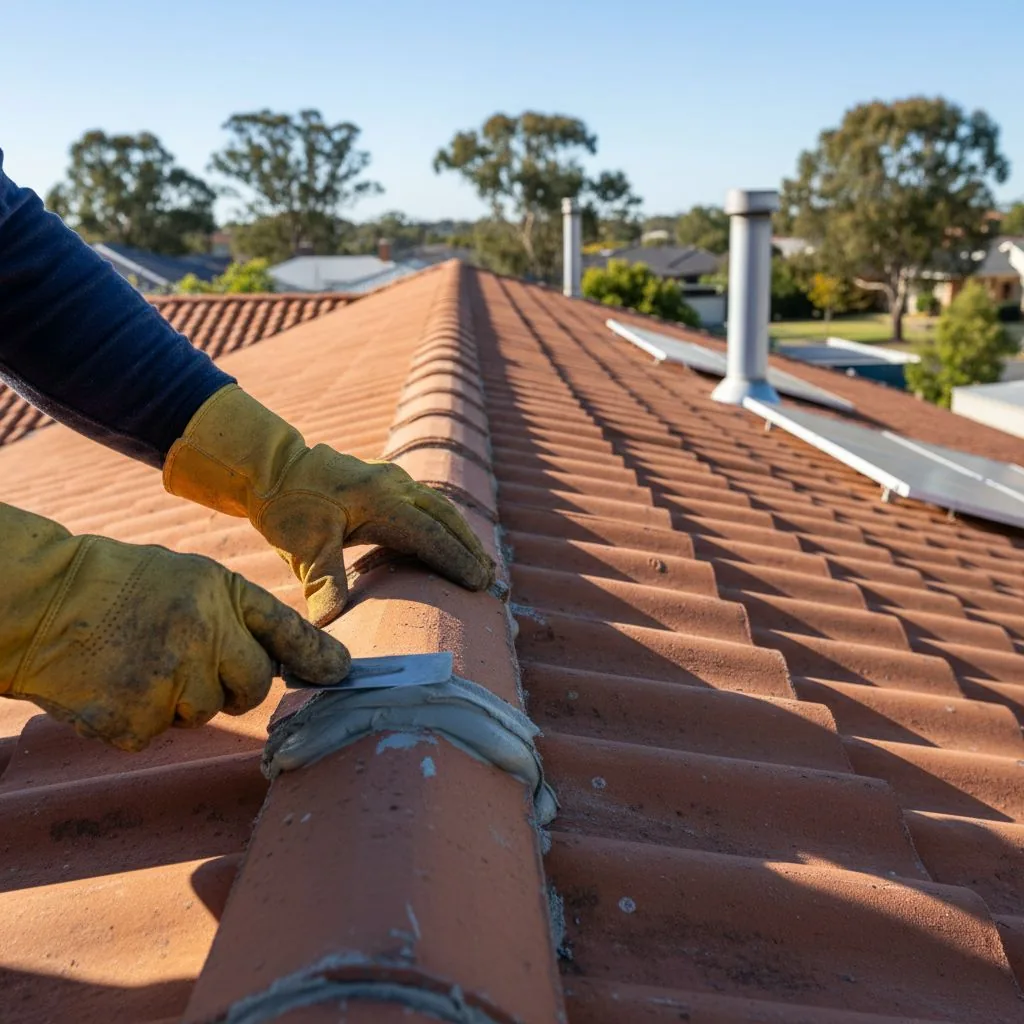 Close view of ridge work and surrounding roof tiles