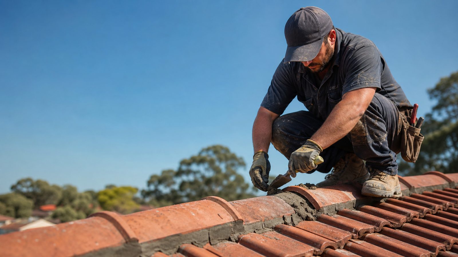 Roofer in gloves bedding a terracotta ridge cap with a trowel