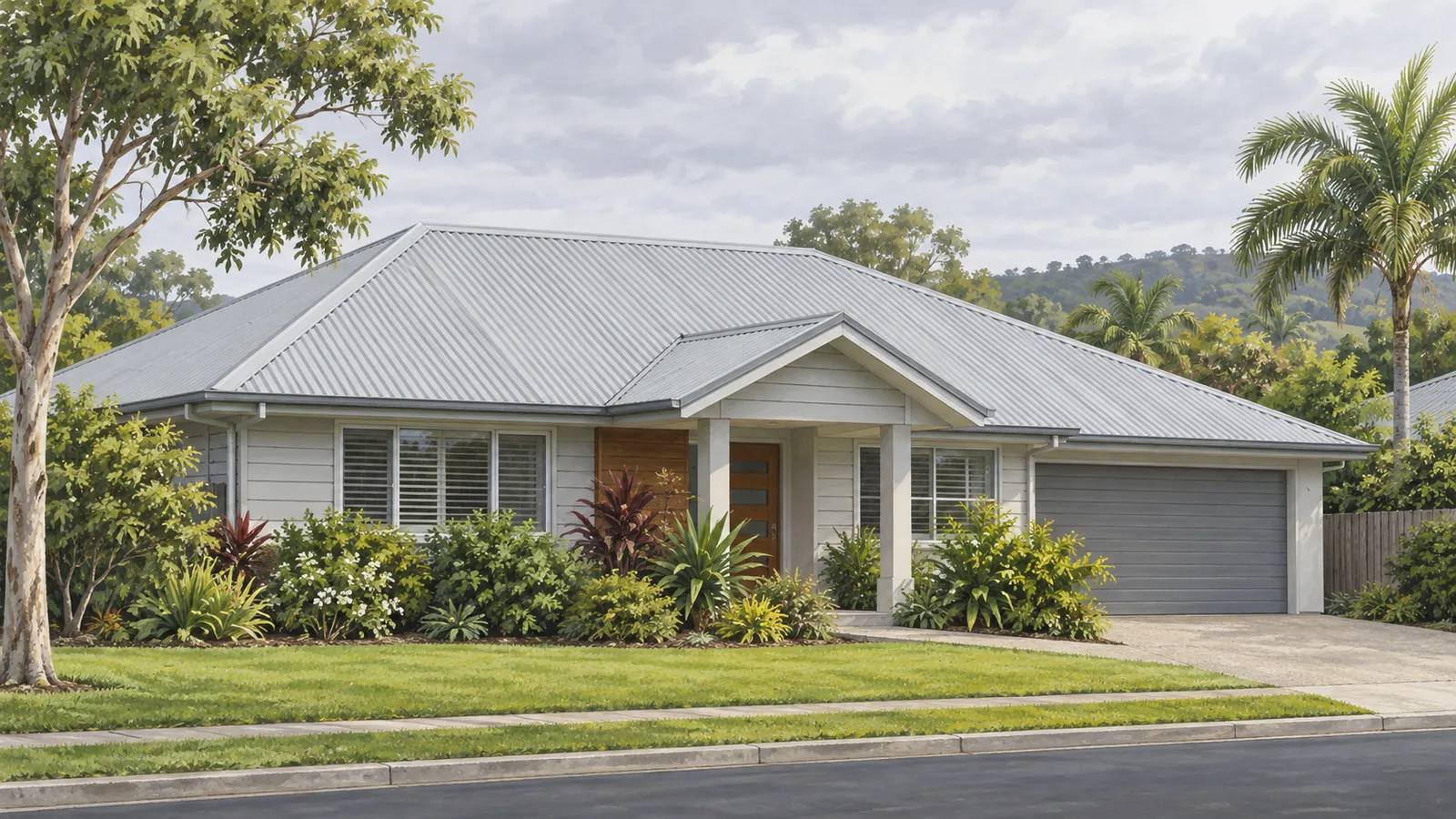 Illustration of a house with pale corrugated metal roof planes and gutters