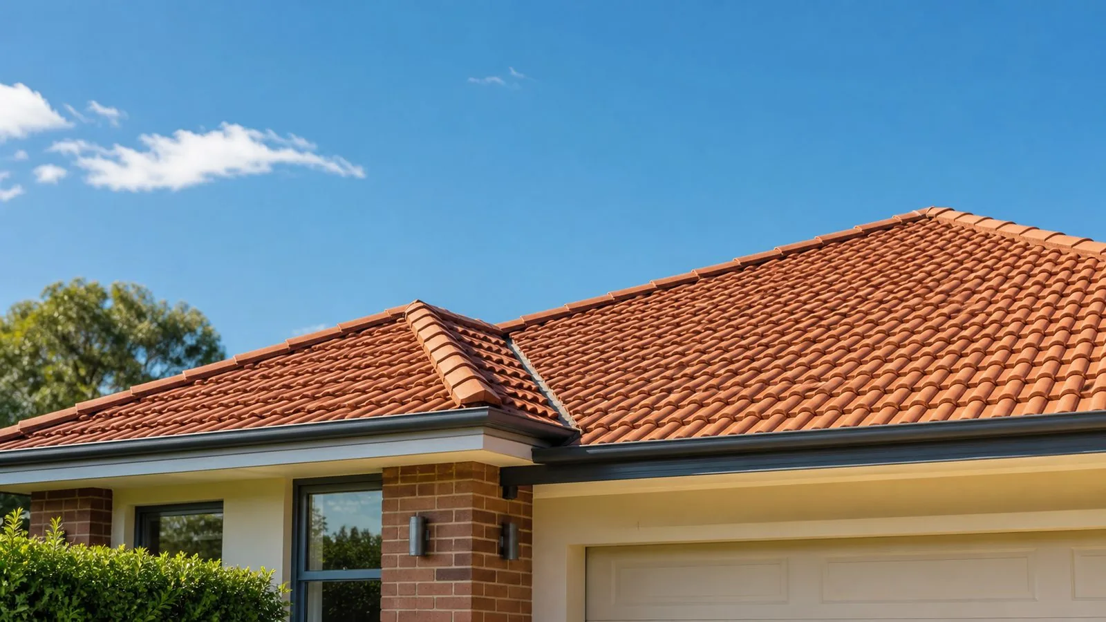 Tiled house roof with several slopes meeting above a garage